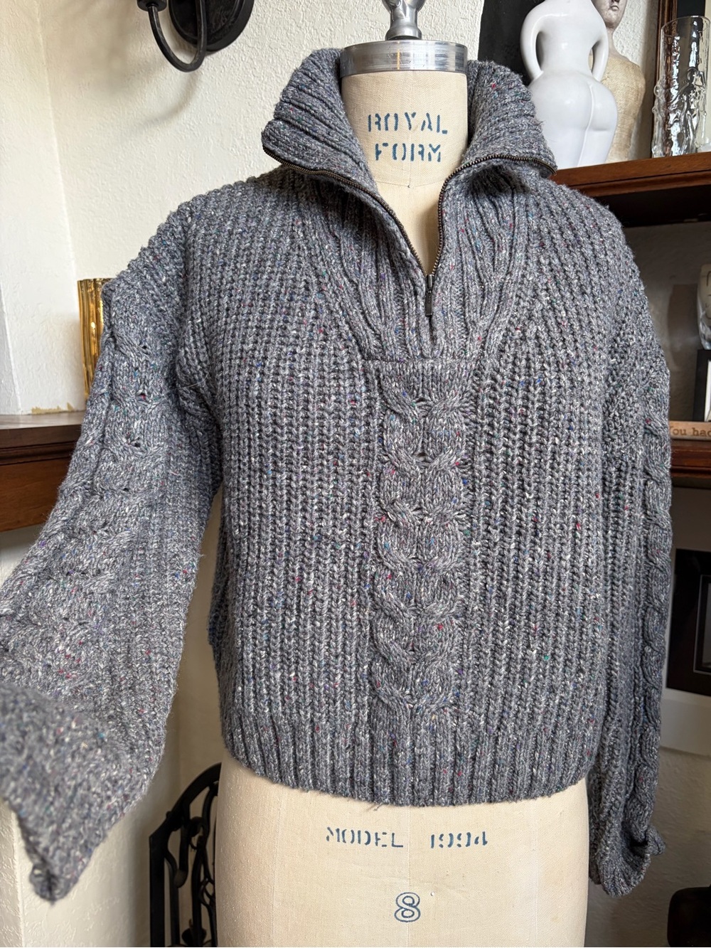 prAna Laurel Creek Sweater Women's S Gray Speckled Wool Silk Cable Knit 1/4 Zip